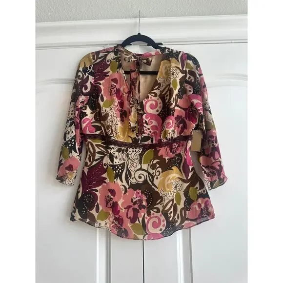 I.e. Petite Vintage 100% Silk Retro, 90's, Y2K Floral Blouse with Neck Tie - Picture 2 of 7